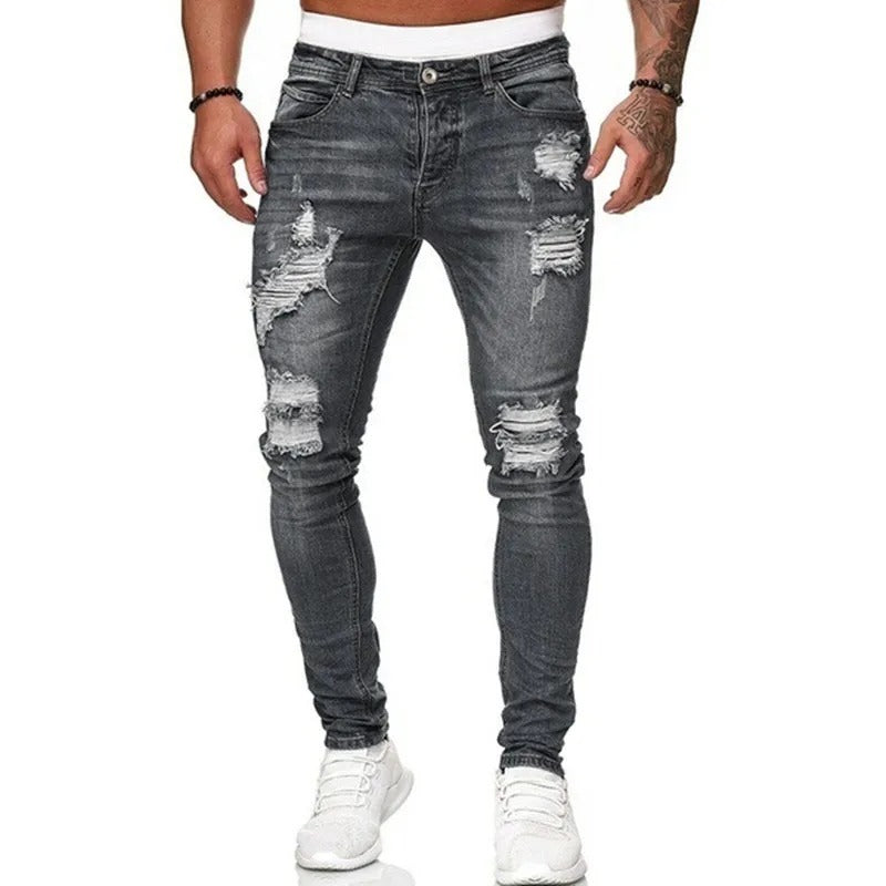 Blå denim rippede skinny jeans for menn, ideell for fritidsbruk og urban stil.
