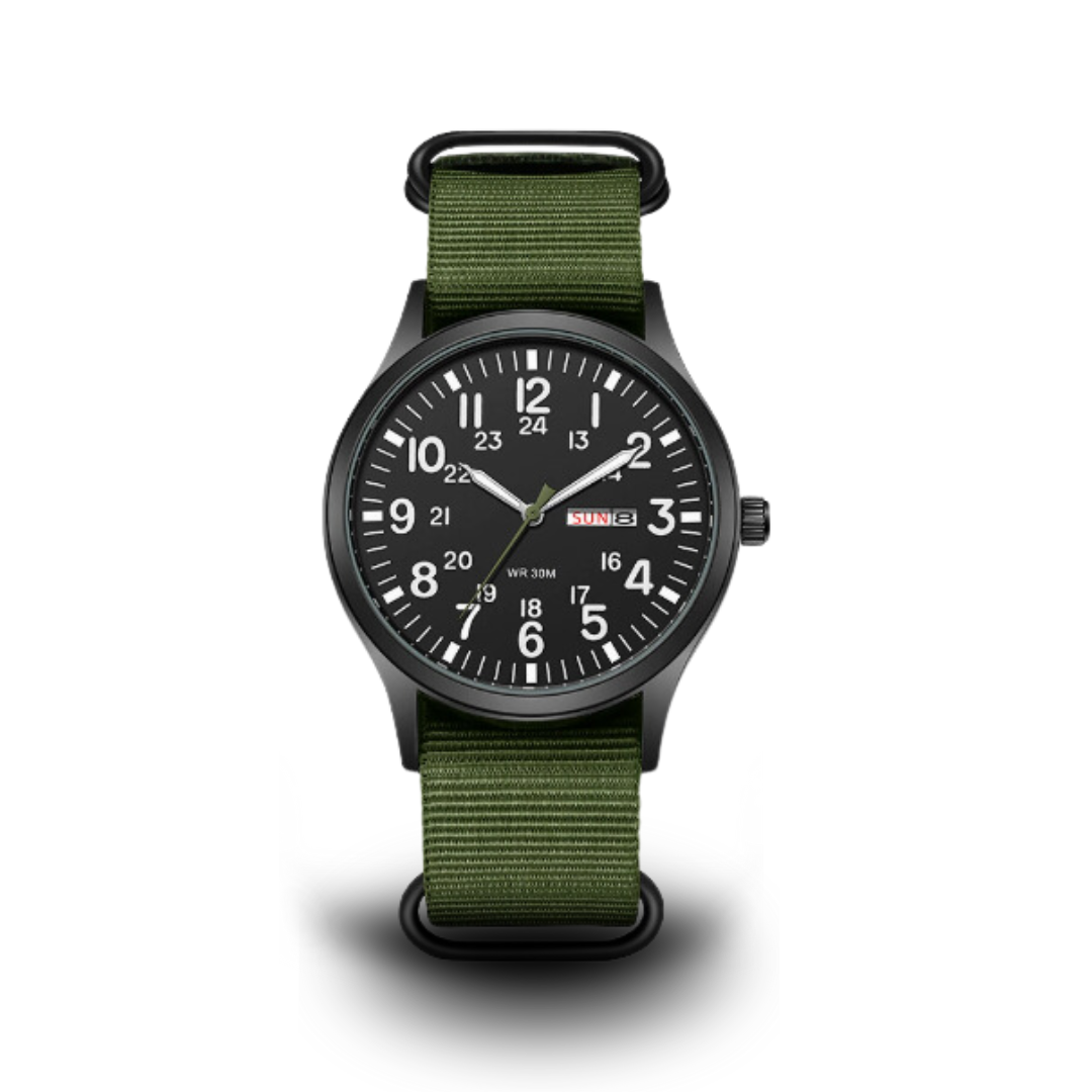 Sporty herreklokke, slitesterkt vanntett armbåndsur med rustfritt stål og safirglass, ideelt for utendørsbruk.