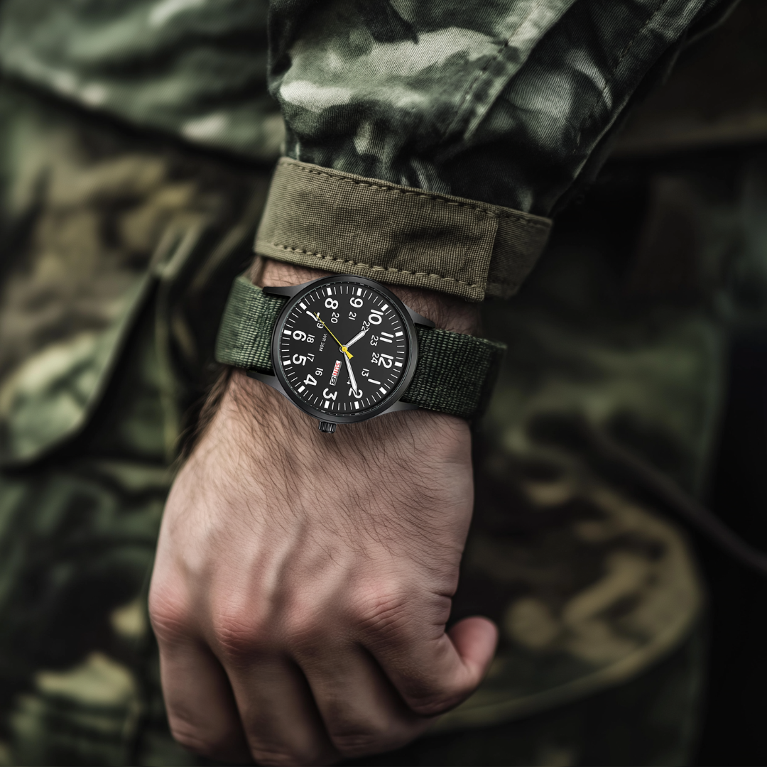 Sporty herre armbåndsur, robust kvarts utendørsklokke med vanntett design og safirglass, presis og tøff.