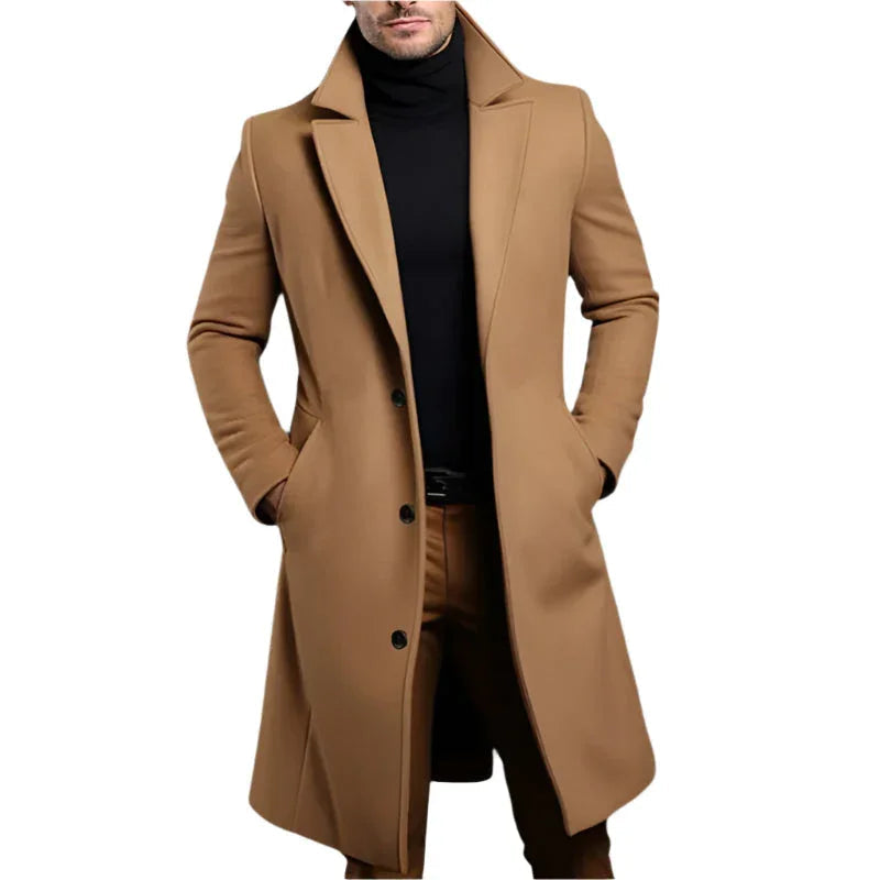 Menns elegante mellomlange kåpe. Skreddersydd ullblanding vinterjakke for menn.