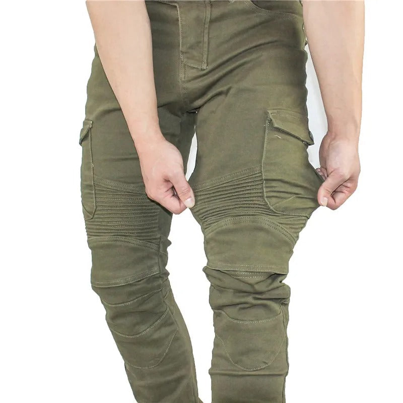 Robuste herre motorsykkeljeans, designet for langvarig bruk og en moderne, kul stil.