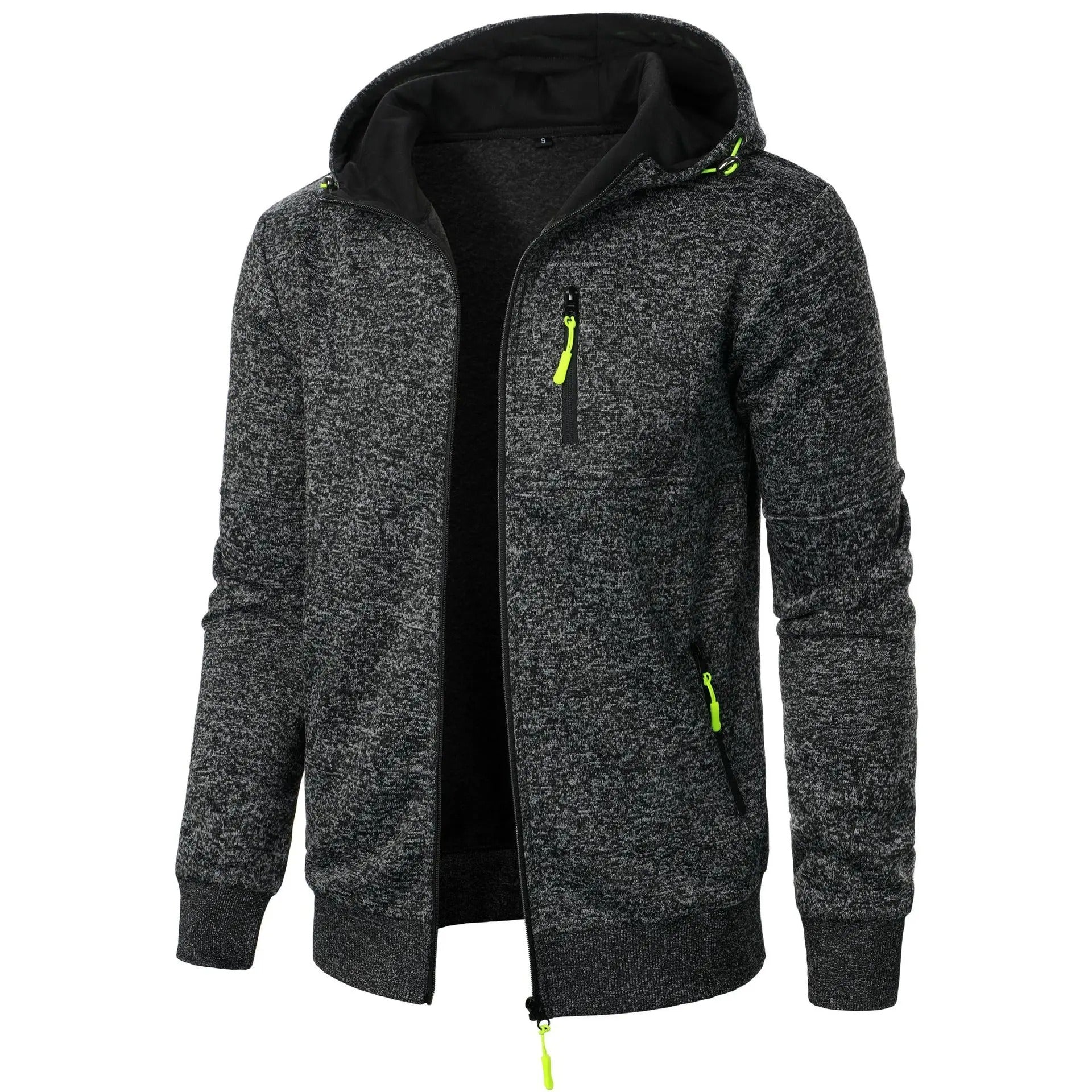 Menns hettejakke stylet over t-skjorte. Viser allsidighet og komfort for lagvis athleisure.