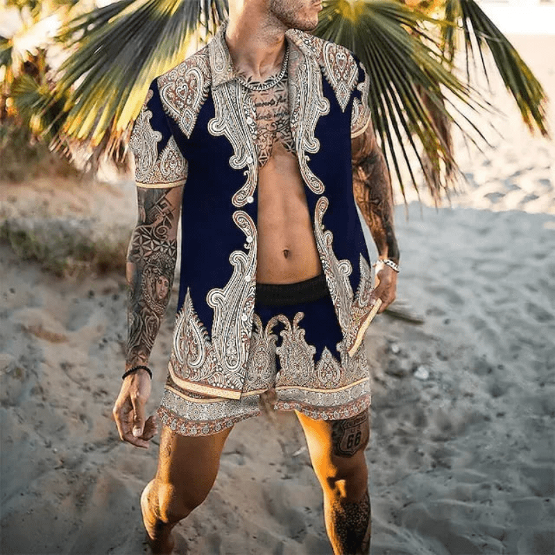 Komplett menns sommersett: luftig skjorte og matchende shorts i patchwork-stil.