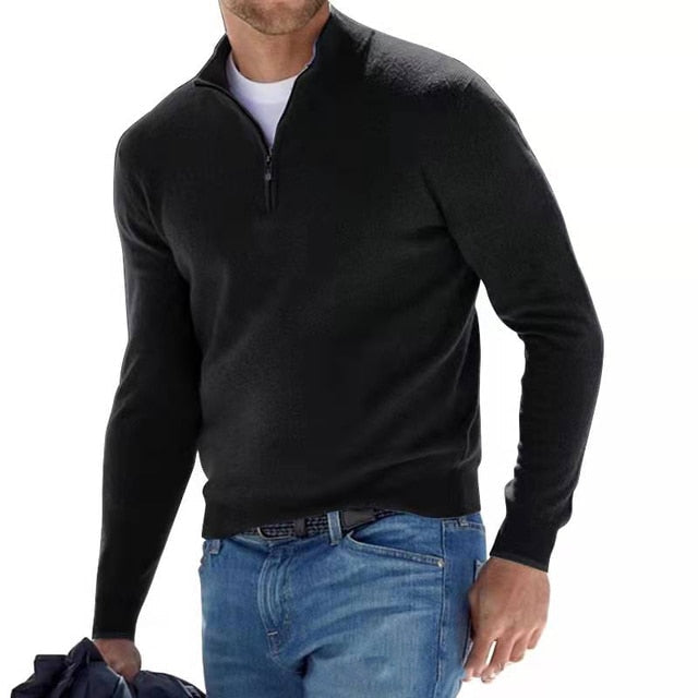 Komfortabel menns V-hals pullover med glidelås, en myk langermet genser for kjølige vår- og høstdager.