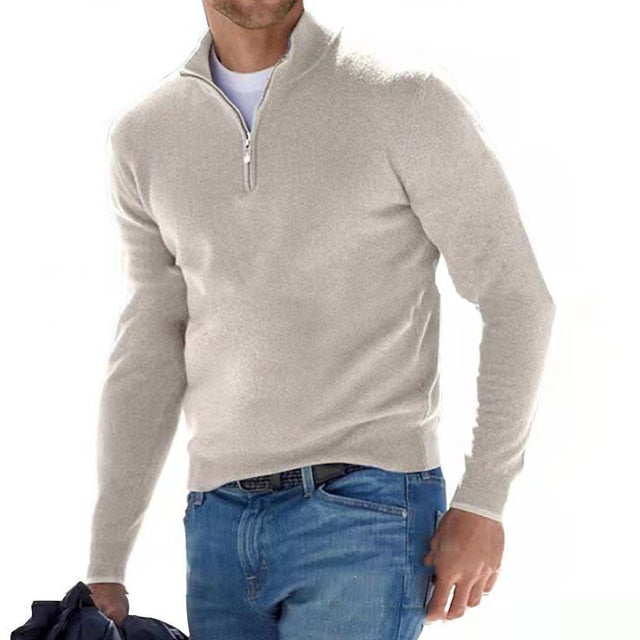 Elegant menns V-hals genser med glidelås, perfekt for både casual fritid og smart casual anledninger.