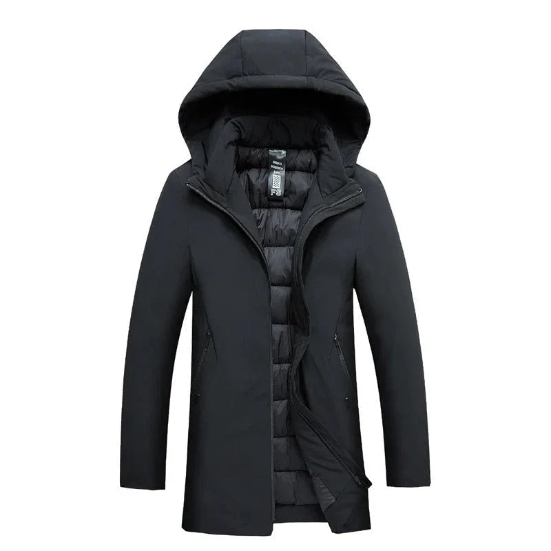 Vindtett herre vinterjakke. Slank parkas for menn som holder deg varm og komfortabel i utendørsmiljø.