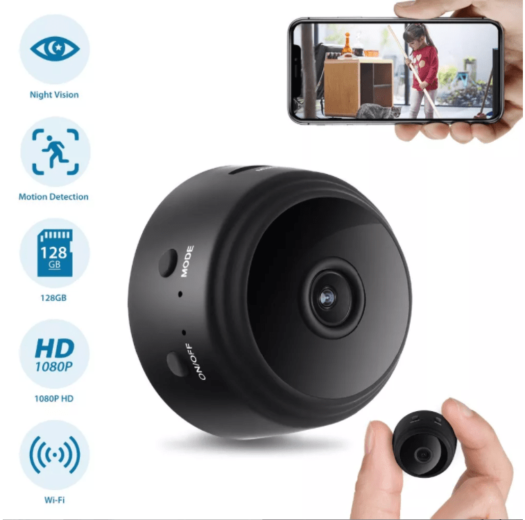 "Mini HD-kamera med 1080p oppløsning, WiFi, diskret svart design, magnetisk feste, perfekt for hjem eller kontor"