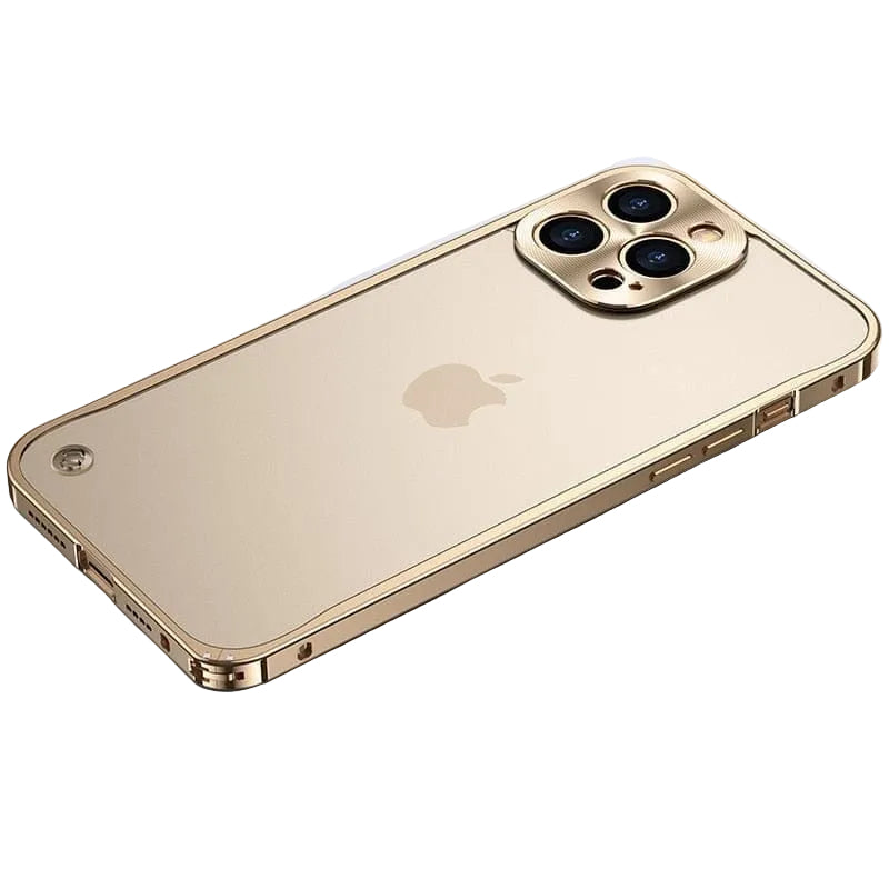 Minimalistisk aluminiumsramme for iPhone med støtbeskyttelse og kamerabeskyttelse, slankt design.