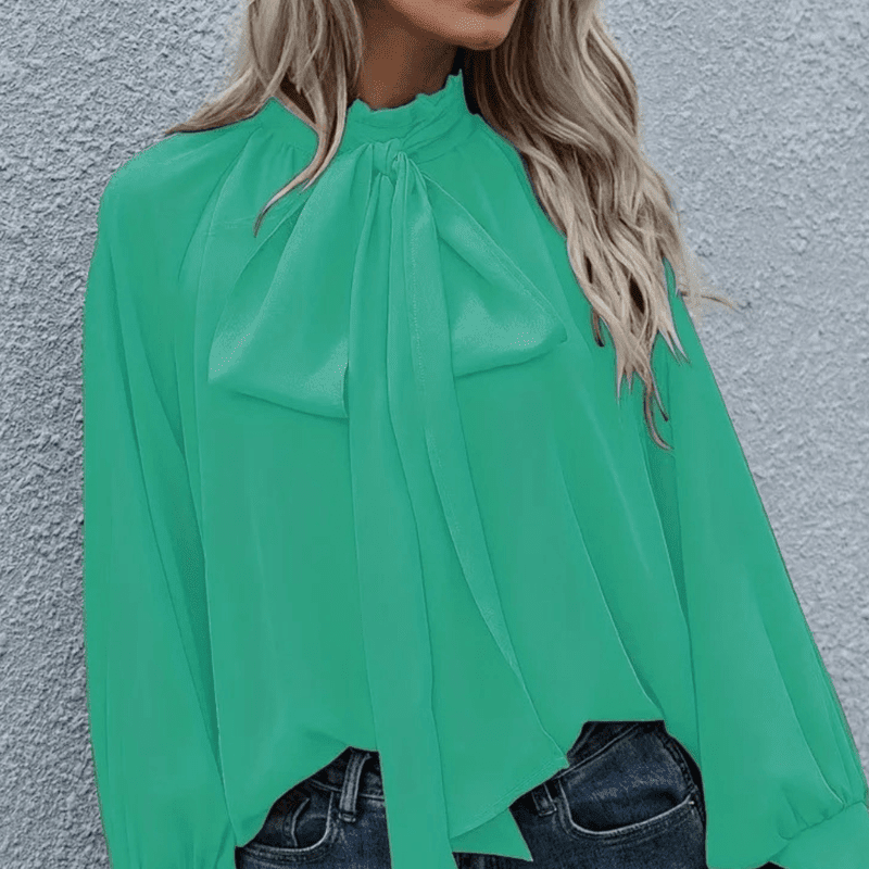 Moderne minimalistisk kvinnebluse med lange ermer. Elegant og allsidig for enhver anledning, tidløs stil.