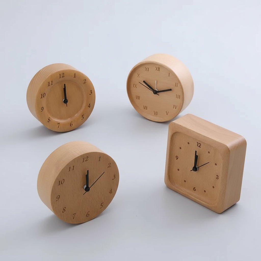 Rund bøketre vekkerklokke, analog og stille, perfekt for soverom og minimalistisk stil