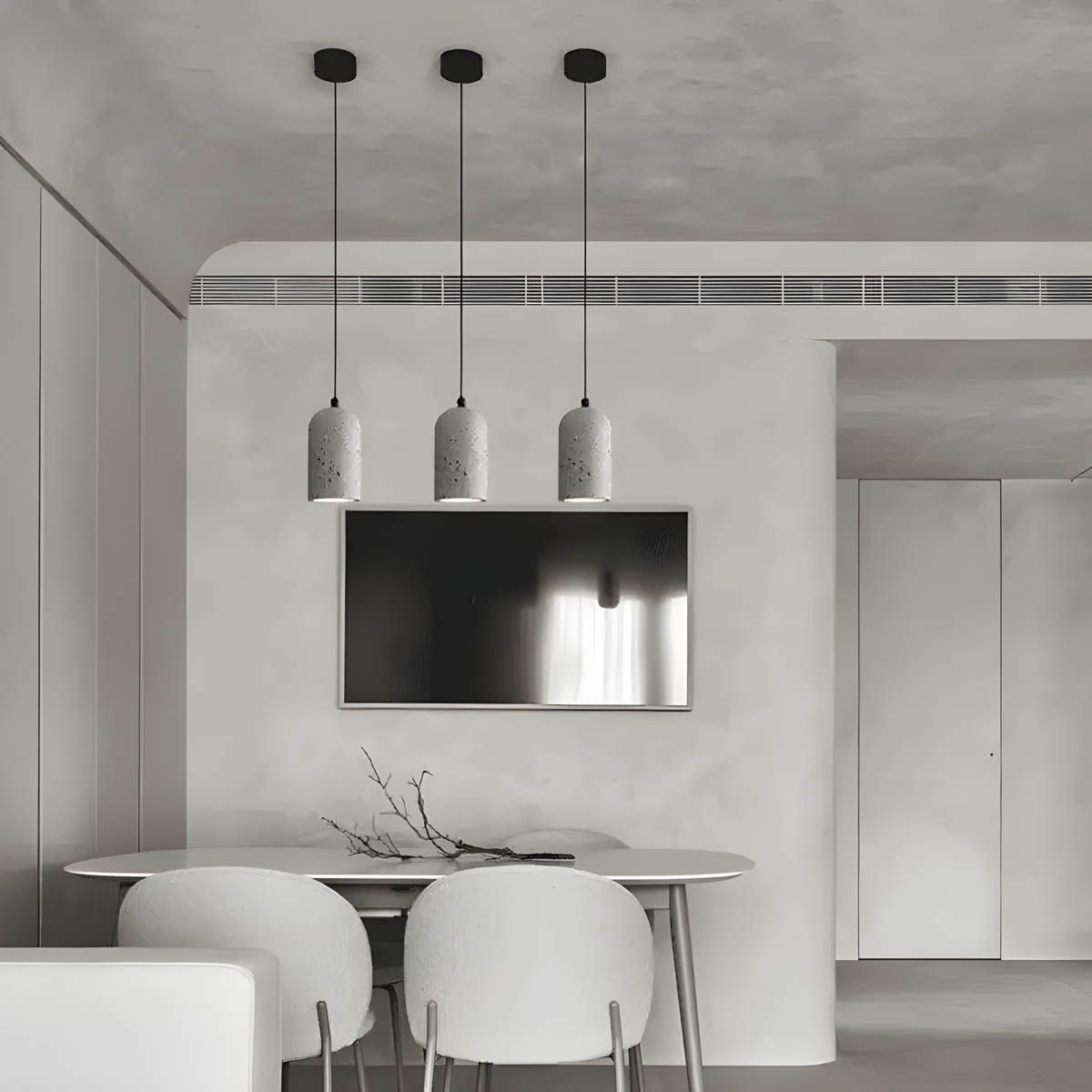 Moderne betong pendellampe med industrielt design og justerbar ledning, gir mykt lys i grå, svart eller lysegrå farge.