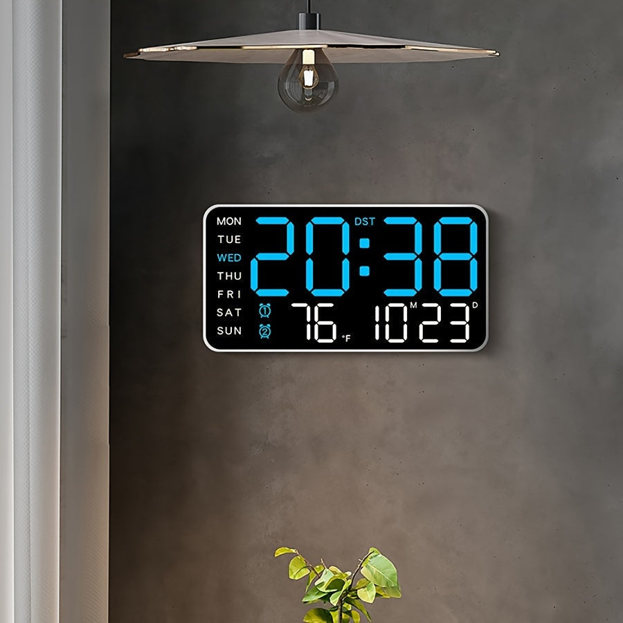 Multifunksjonell digital veggklokke med klokke, alarm, temperatur og kalender. Perfekt for moderne hjem.
