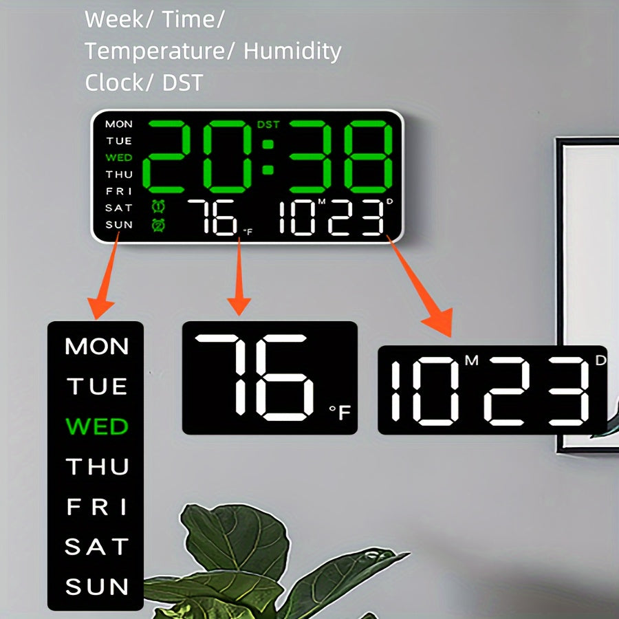 Minimalistisk LED veggklokke i moderne design. Tydelig digital tidsvisning og integrert termometer.