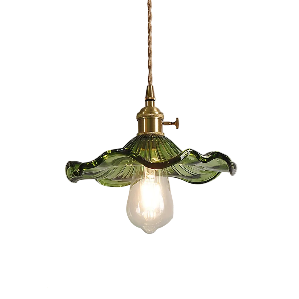 Moderne Hibiskus pendellampe for stue/soverom. Blomsterdesign i grønn, transparent og hvit krystallbrun.
