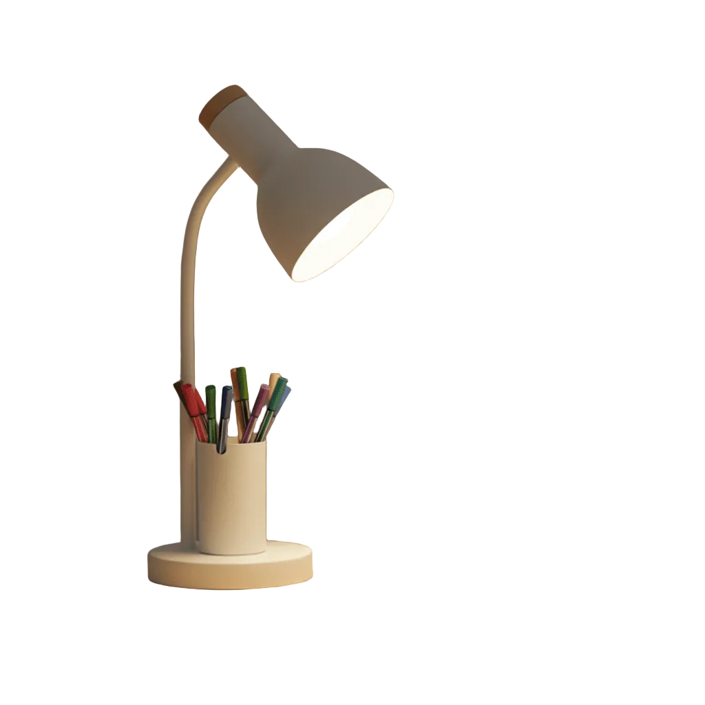 Moderne LED-bordlampe med penneholder for hjemmekontor. Praktisk skrivebordslampe med leselys.