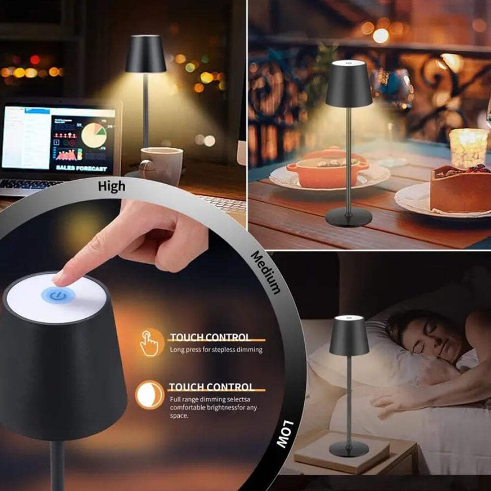 "Moderne LED-bordlampe med touch-funksjon, oppladbar, minimalistisk design i smijern og ABS, perfekt for bord og nattbord."
