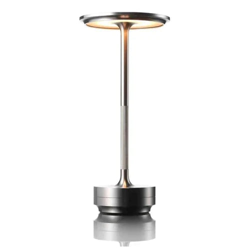 "Moderne LED-bordlampe, trådløs, justerbar, oppladbar, sølvfarget, elegant design for både moderne og klassiske interiører."
