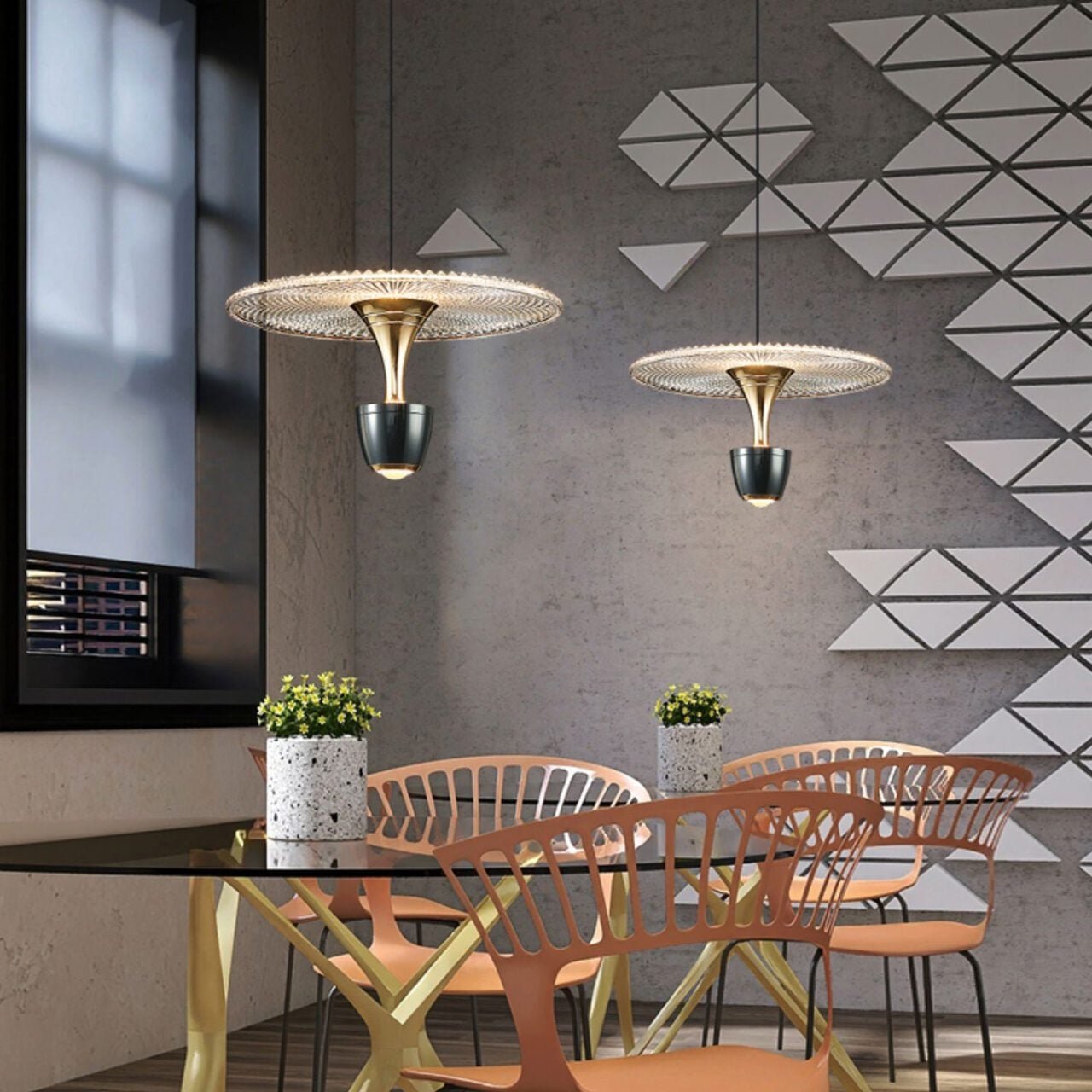 Moderne LED pendellampe, skiveformet, med varmt LED-lys. Stilfull belysning for moderne interiør. Flere fargevalg.