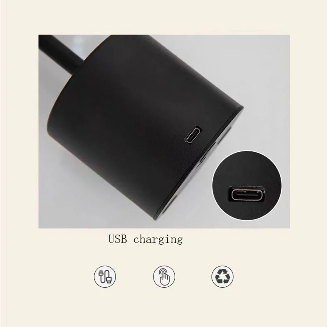 Nærbilde av LED skrivebordslampens touch sensor og justerbare arm, moderne og funksjonell.