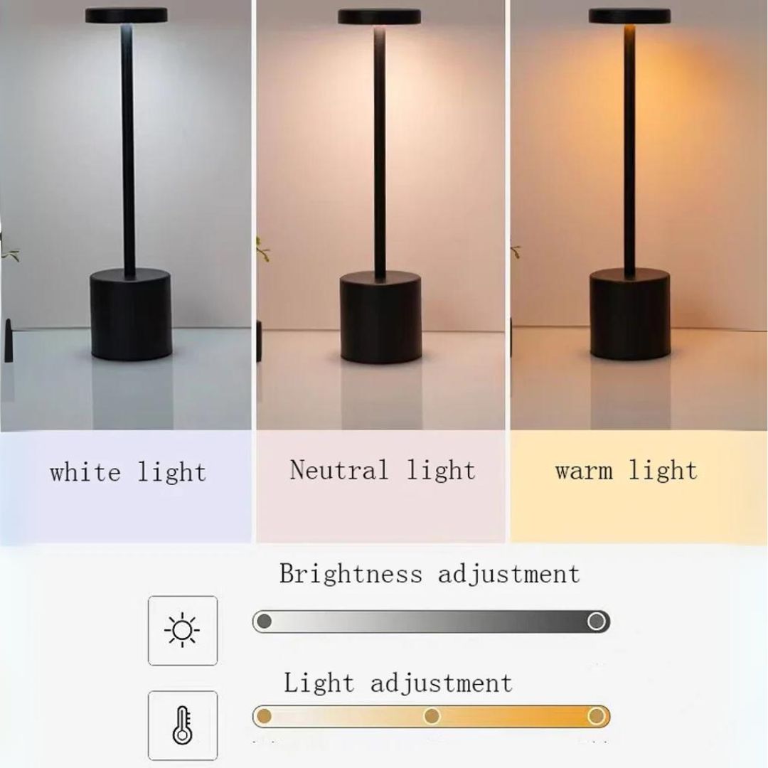 Moderne LED bordlampe på et skrivebord, trådløs og oppladbar med justerbar lysstyrke.