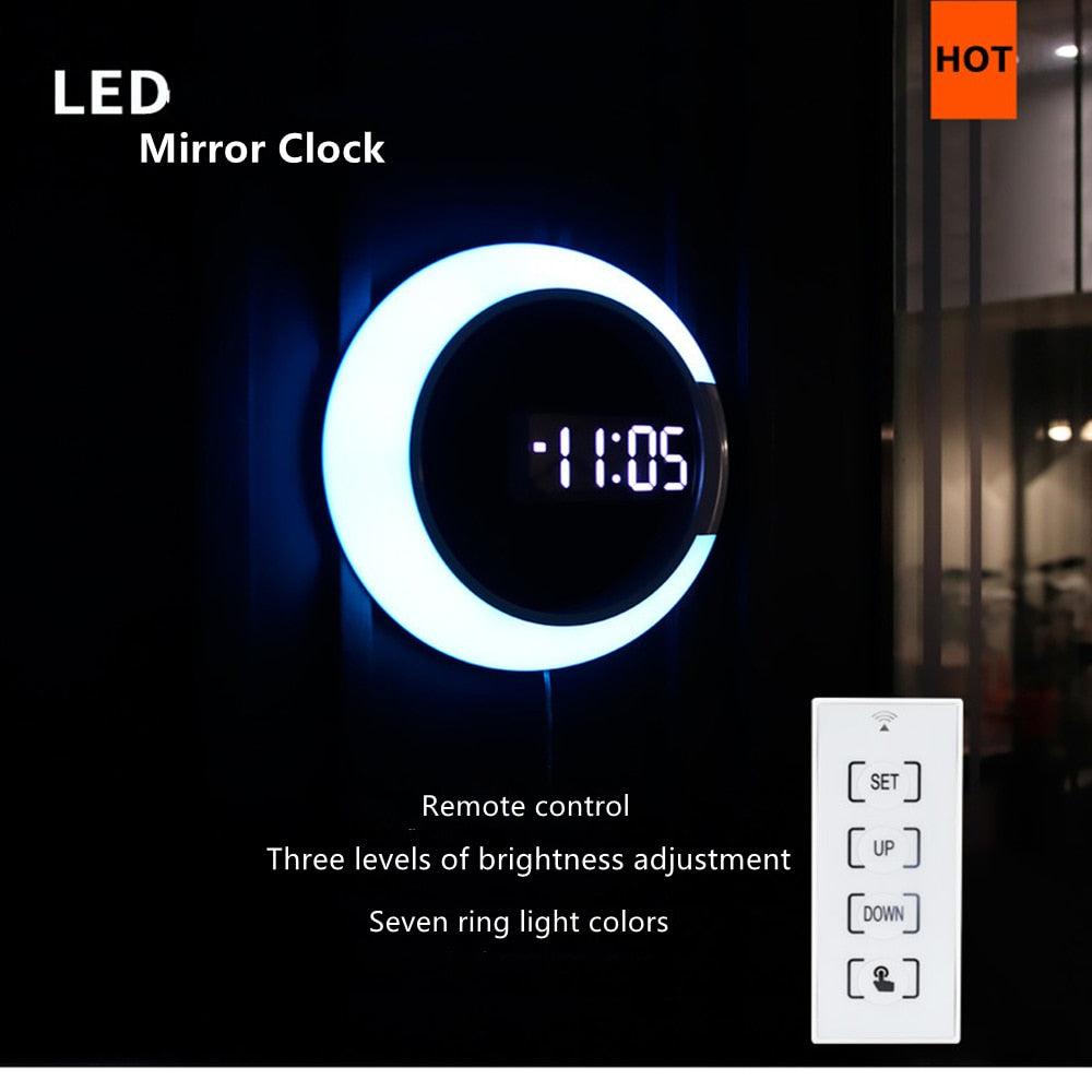 Minimalistisk digital klokke for veggmontering, med klar LED-visning av tid, dato og temperatur.