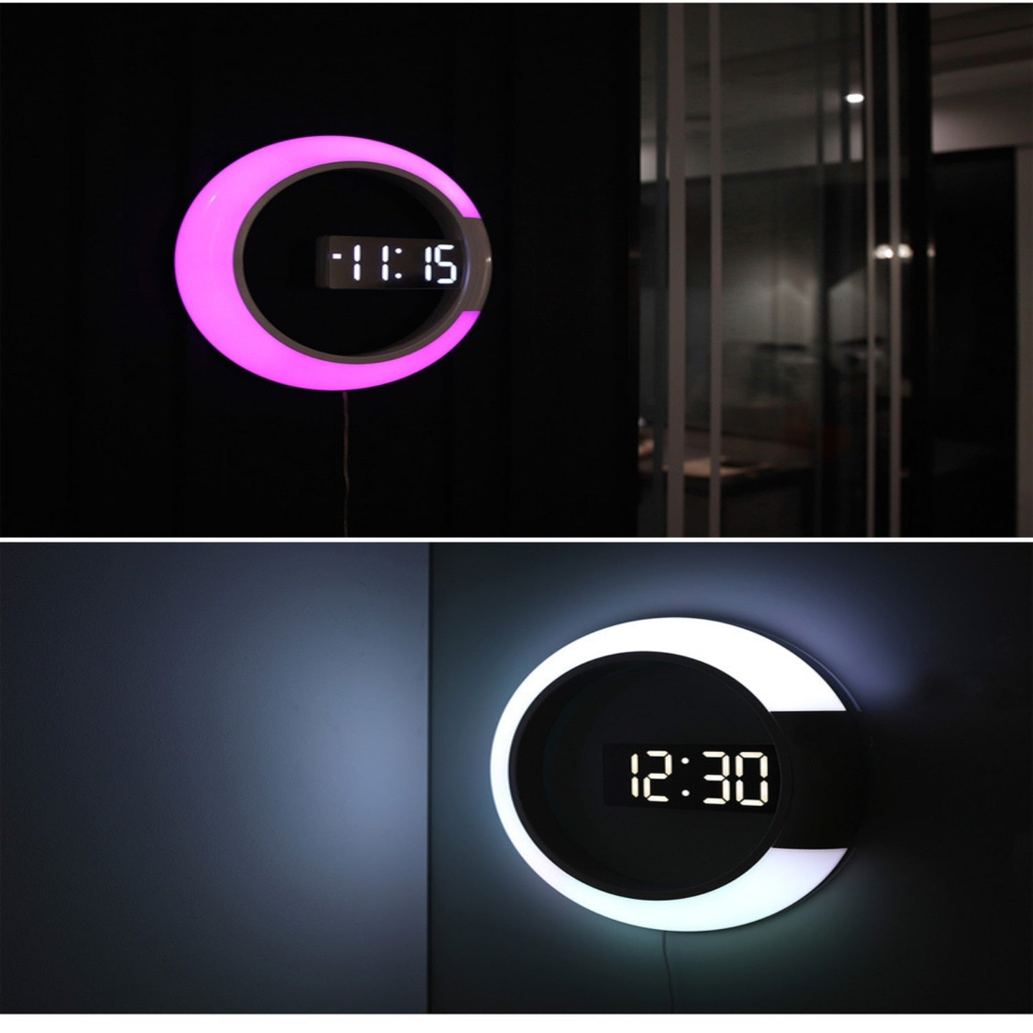 Nærbilde av moderne LED veggklokke som viser tydelig digital tid, temperatur og dato på veggen.