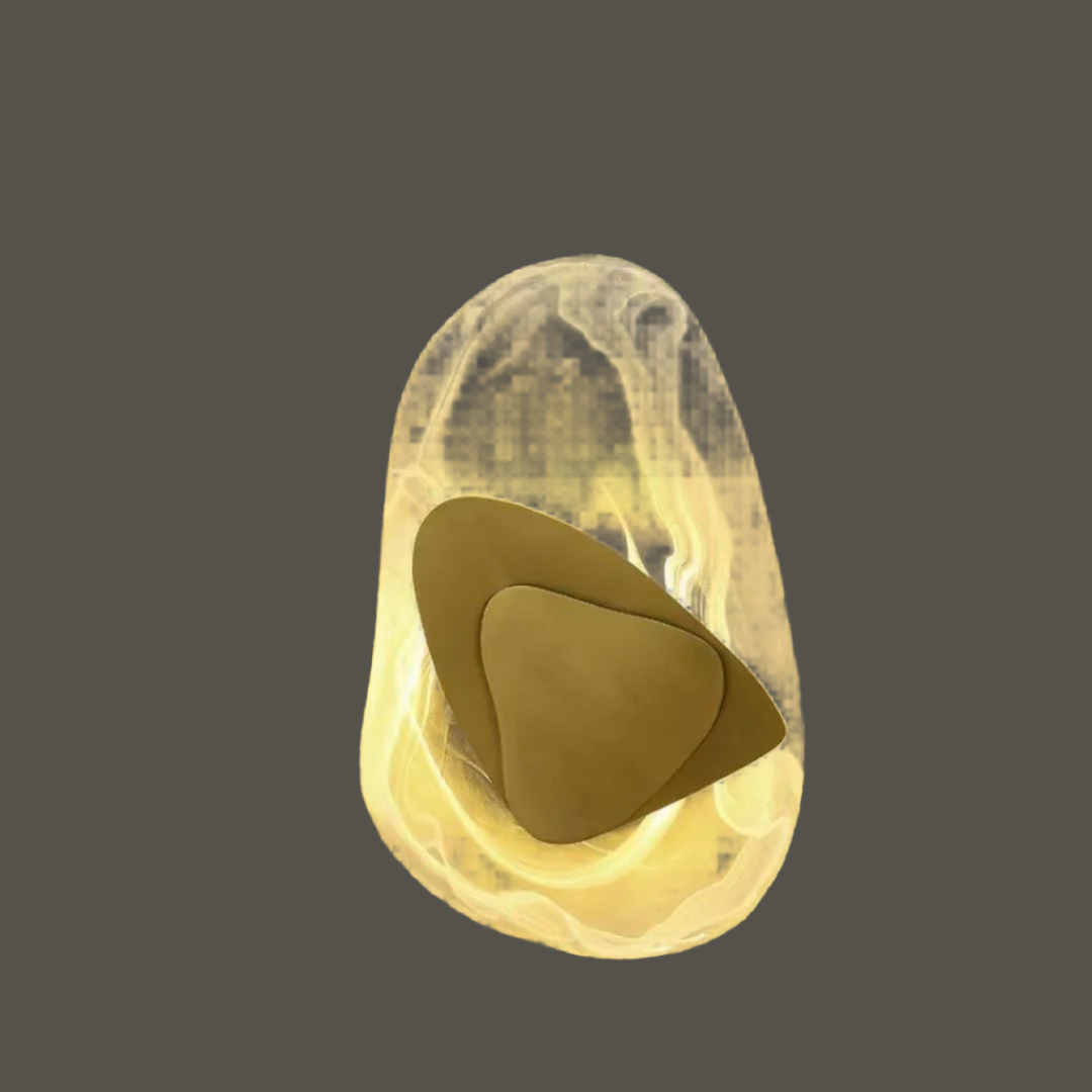Moderne LED vegglampe i glass, gull og svart. Elegant design med mykt lys for stilfull innredning i stue eller soverom.