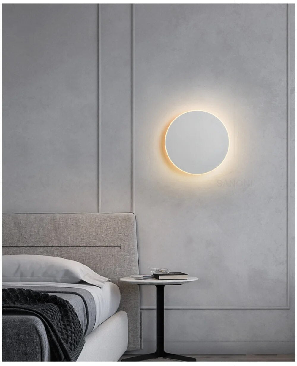 Moderne LED-vegglampe med minimalistisk design, ideell for stilren stue- og soverombelysning.