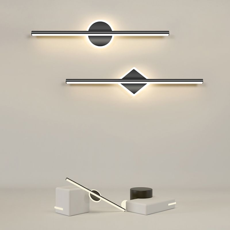 "Moderne LED vegglampe med rund og firkantet design, laget av metall og silikon, energieffektiv og stilfull."