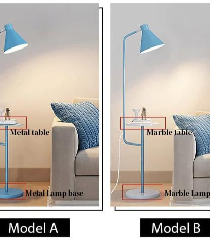 "Moderne Macaron gulvlampe med praktisk brett, stilrent design i flere farger, gir elegant og funksjonell belysning."