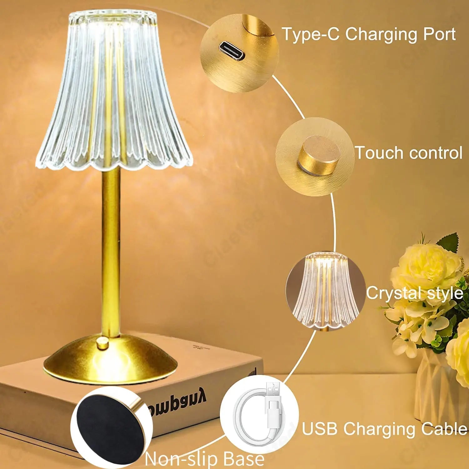 Bærbar dimbar LED nattbordslampe, perfekt for soverom eller som stemningslys i stuen, moderne design.