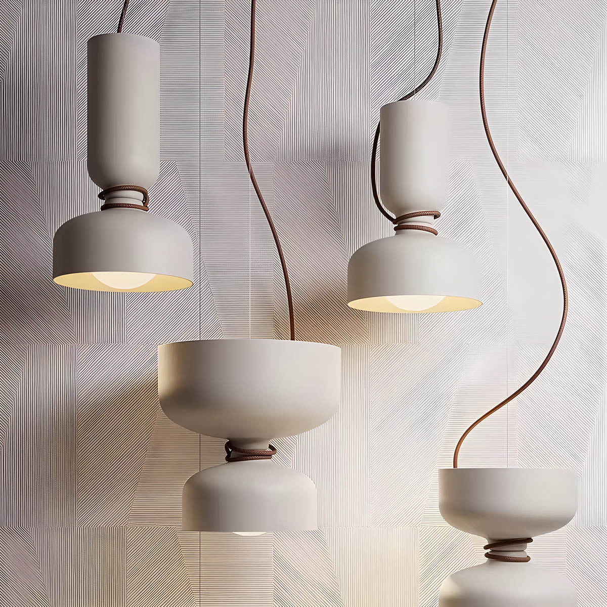 "Moderne pendellampe med geometrisk design, sirkulær form, og dristige kurver, perfekt for interiørbelysning."