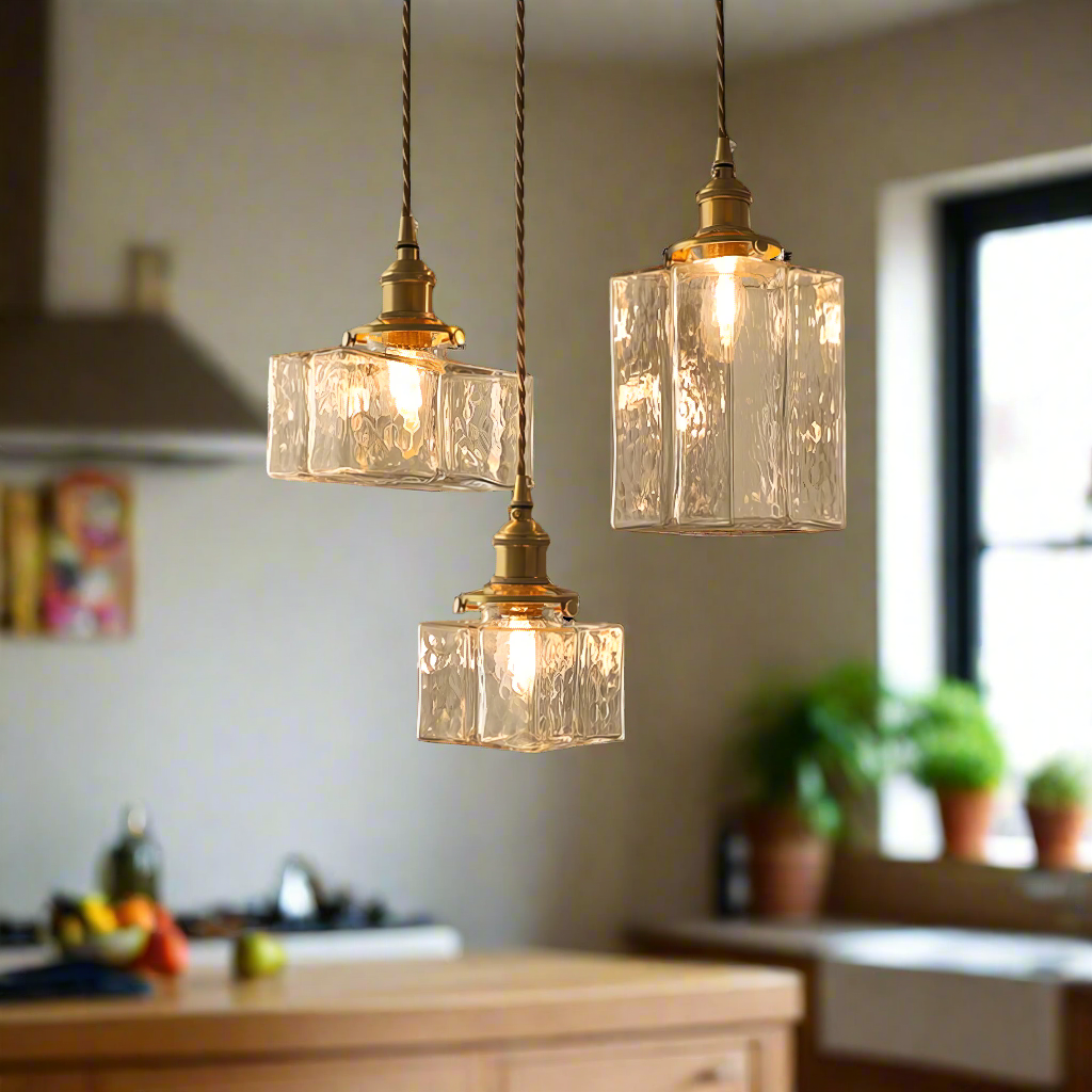 "Moderne retro glasslampe med sofistikerte gullfargede ledninger, elegant hengende design for luksuriøst interiør."