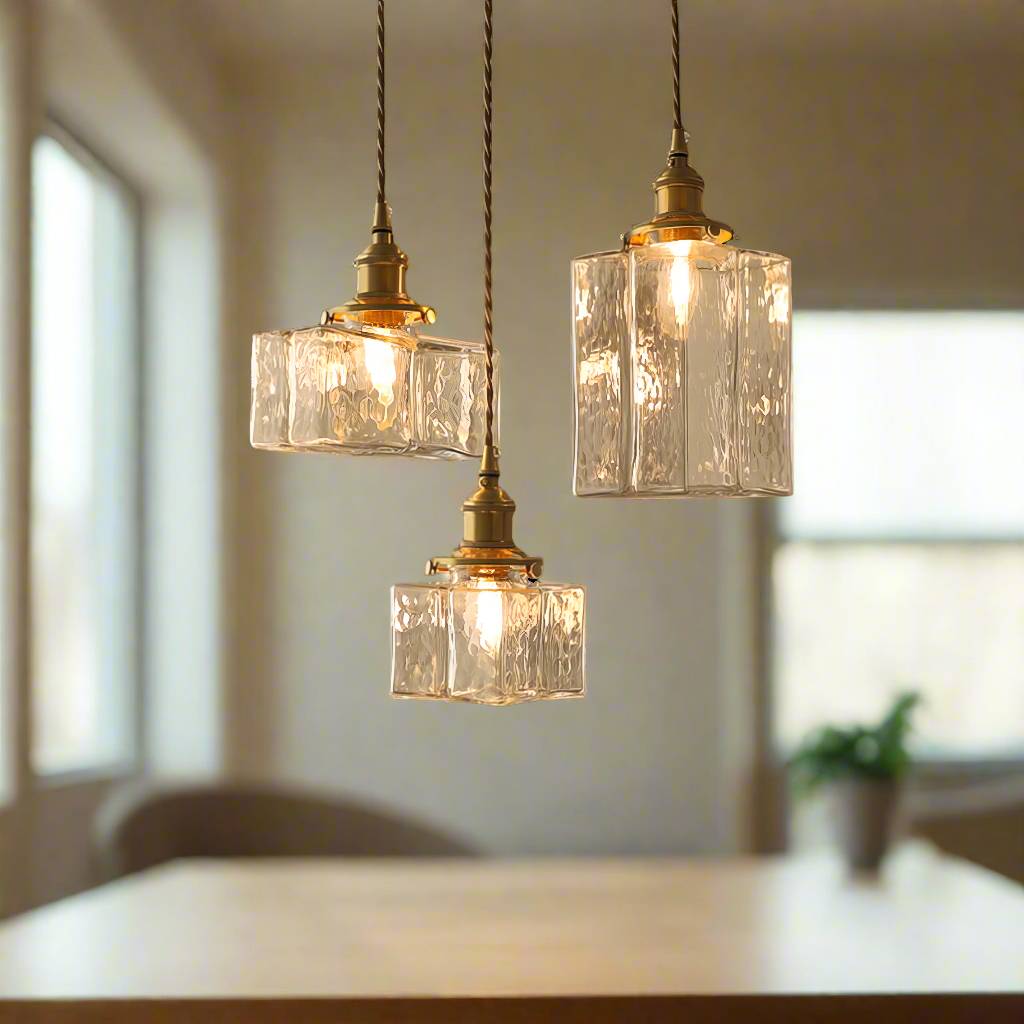 "Moderne retro glasslampe med sofistikerte gullfargede ledninger, elegant hengende design for luksuriøst interiør."