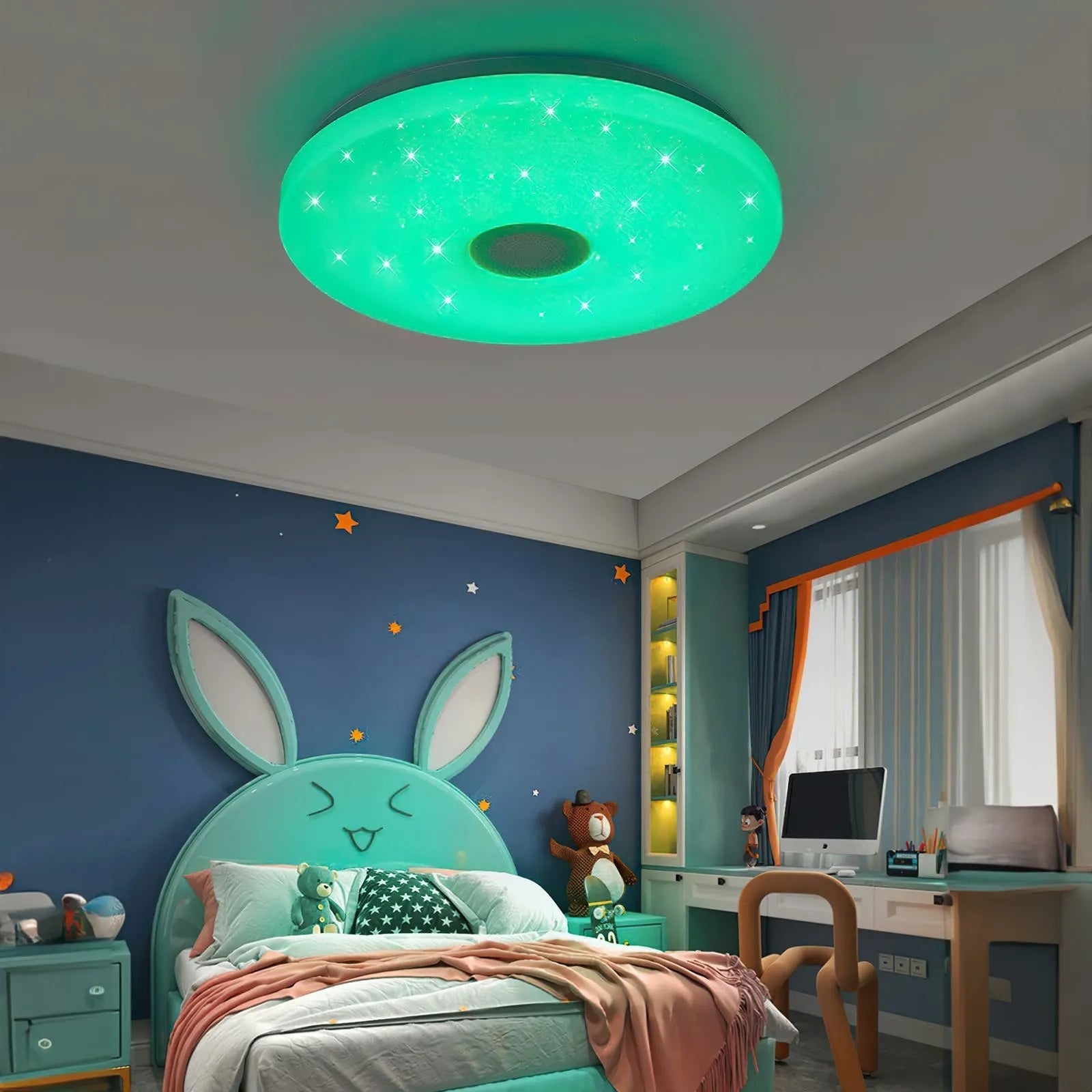 "Moderne RGB-LED-taklampe med justerbar fargekontroll for smart belysning i stilig design, lett styrt med app"