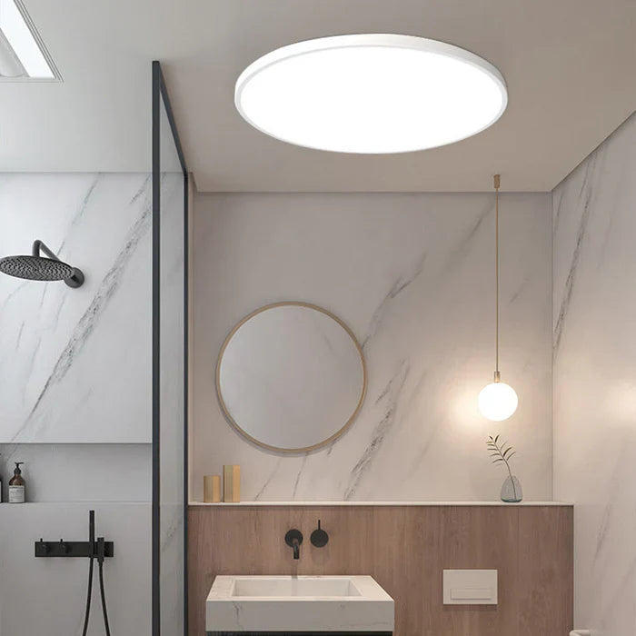 Energieffektiv LED-taklampe, moderne design for soverom og spisestue. Stilren rund form, god belysning.
