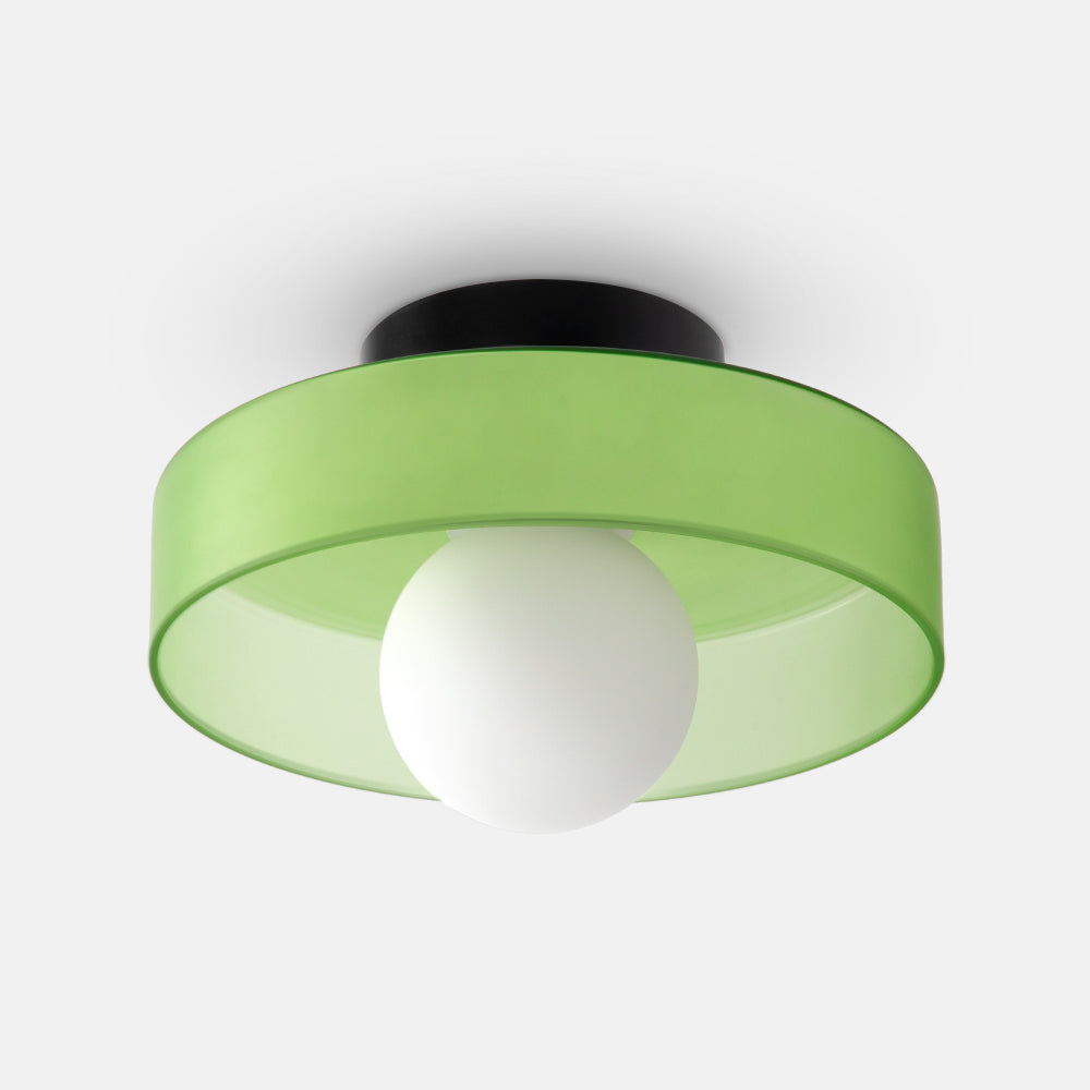 "Moderne rund taklampe med varm belysning, sofistikert glassdesign i grønn, hvit eller rosa matt finish."