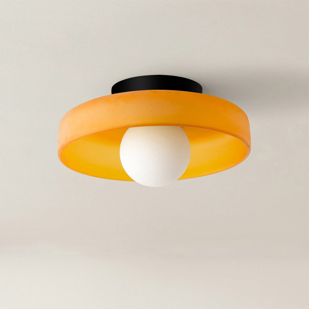 "Moderne rund taklampe med varm belysning, sofistikert glassdesign i grønn, hvit eller rosa matt finish."