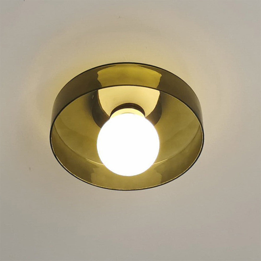 "Moderne rund taklampe med varm belysning, sofistikert glassdesign i grønn, hvit eller rosa matt finish."