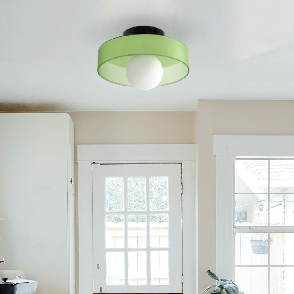 "Moderne rund taklampe med varm belysning, sofistikert glassdesign i grønn, hvit eller rosa matt finish."