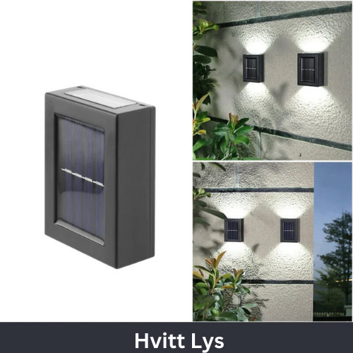 "Moderne solcelledrevet vegglampe i svart metall, IP65 vanntett, gir energieffektiv belysning for uteområdet ditt."