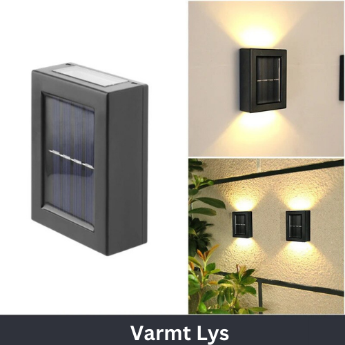 "Moderne solcelledrevet vegglampe i svart metall, IP65 vanntett, gir energieffektiv belysning for uteområdet ditt."