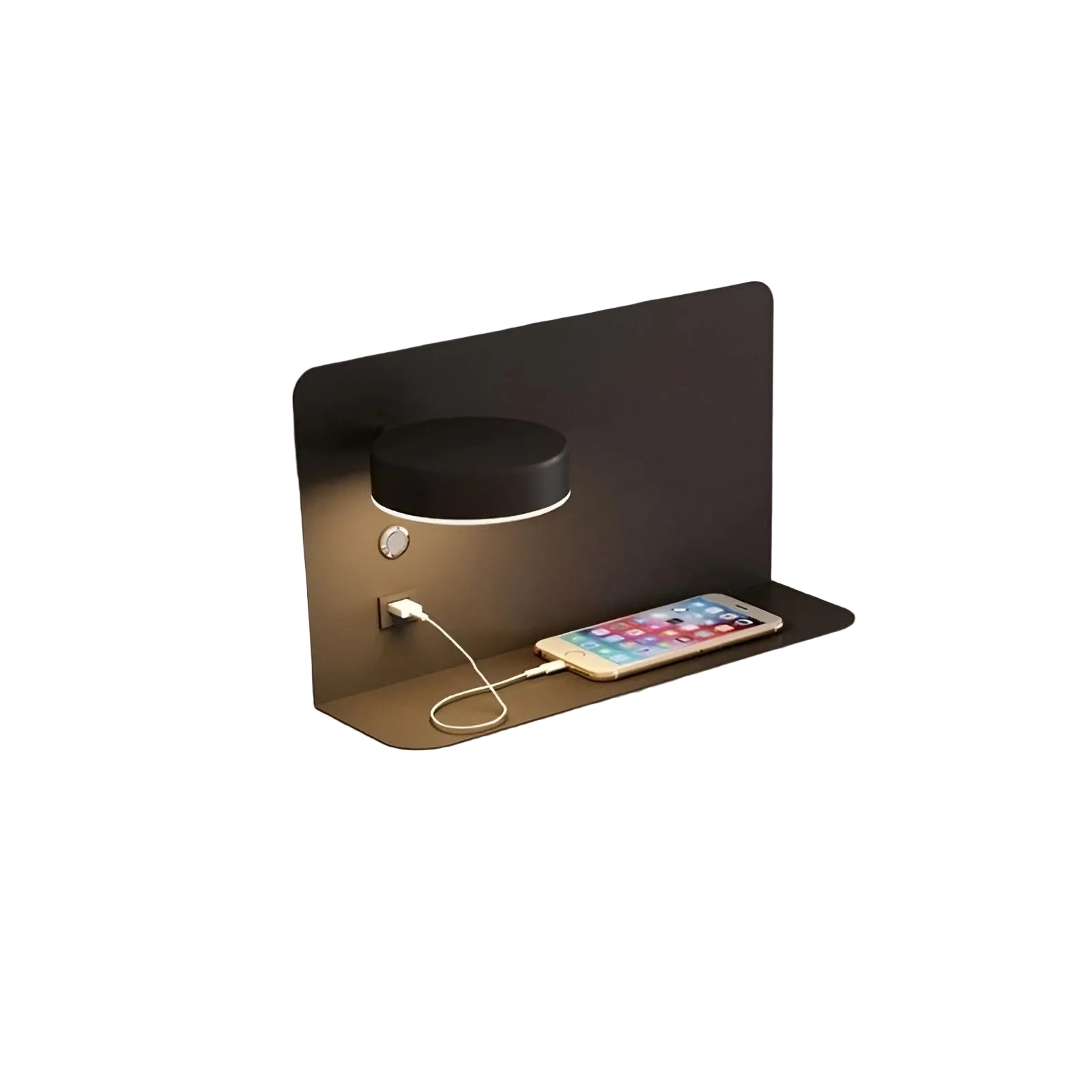 Moderne svart vegglampe med justerbart lys og innebygd USB-lader. Perfekt for lesing i soverommet.