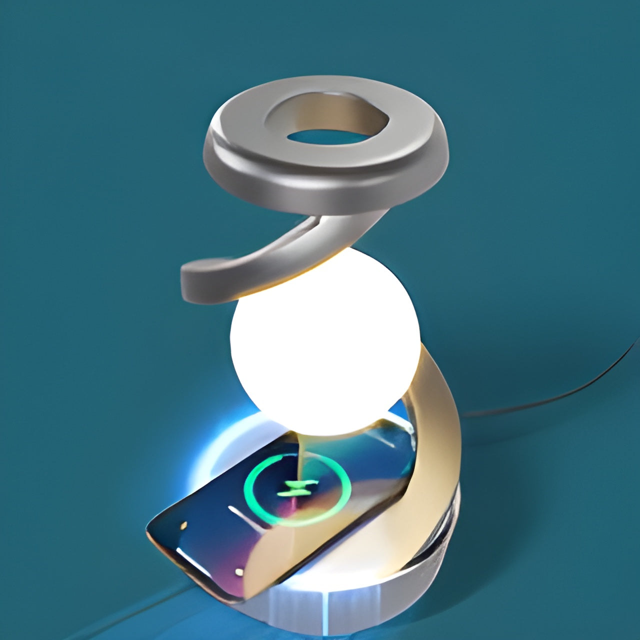 Stilren svevende lampe med roterende LED-lys, trådløs lading og moderne design for en unik atmosfære.