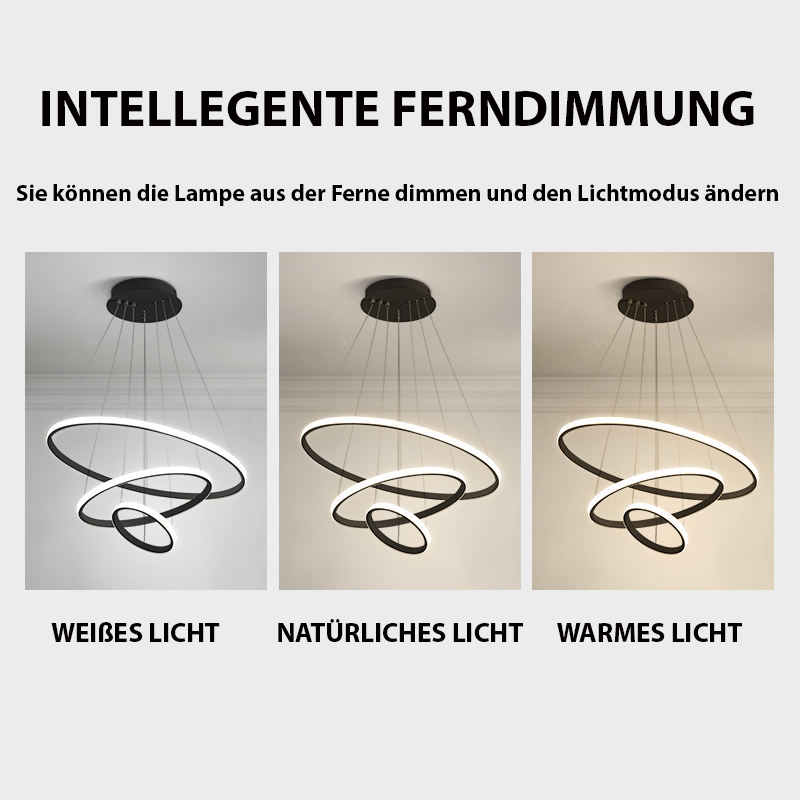 "Moderne taklampe med justerbare lysmoduser, minimalistisk design av tre ringer i aluminium."