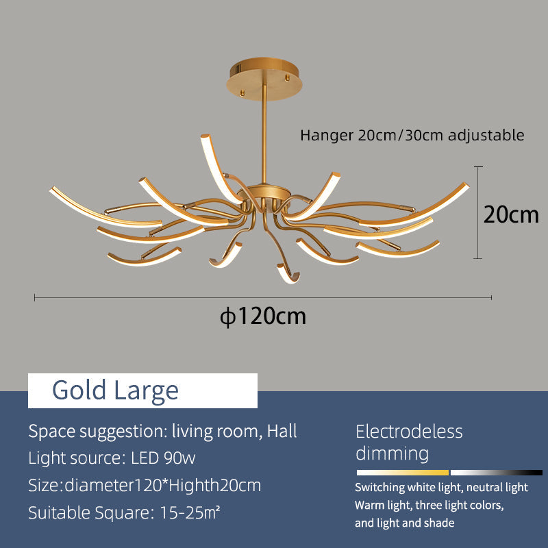 "Moderne taklampe med luster design og LED-lys, elegante gull- og svartdetaljer. Tilgjengelig i 8 og 12 armer."