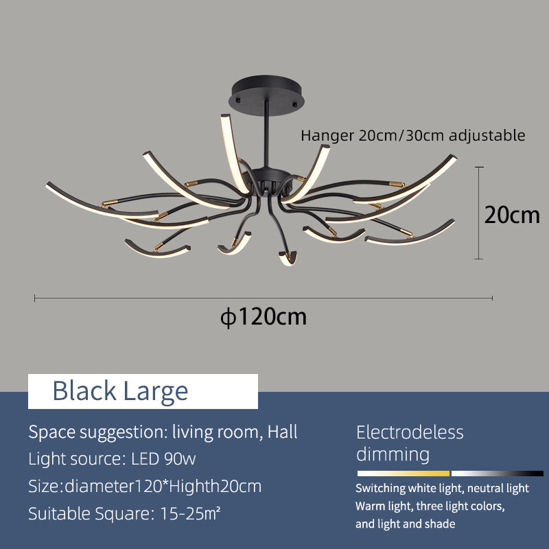 "Moderne taklampe med luster design og LED-lys, elegante gull- og svartdetaljer. Tilgjengelig i 8 og 12 armer."
