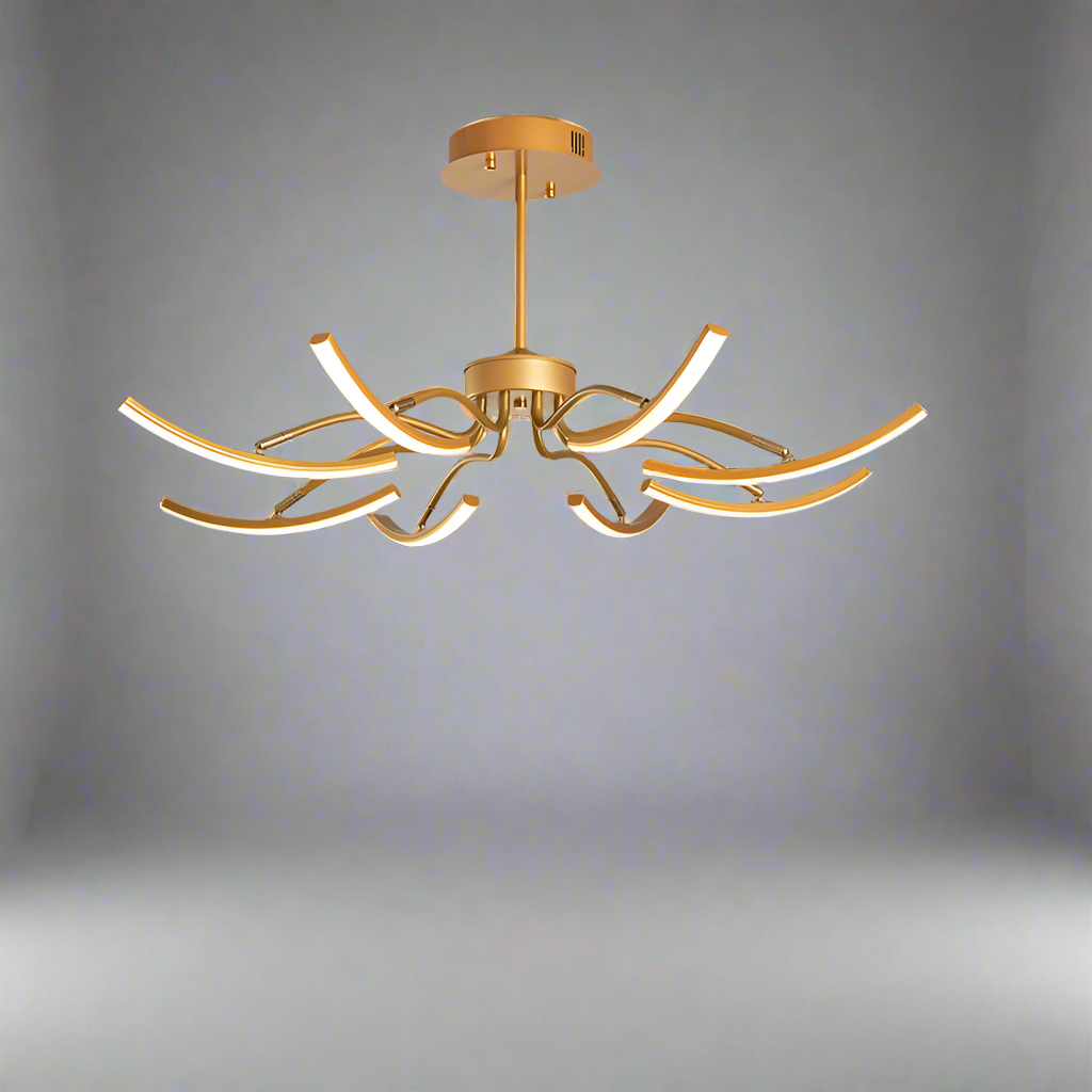 "Moderne taklampe med luster design og LED-lys, elegante gull- og svartdetaljer. Tilgjengelig i 8 og 12 armer."