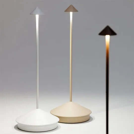 Moderne design LED bordlampe, trådløs og oppladbar. Gir dimbar belysning inne og ute.