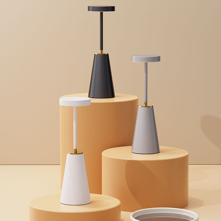 "Moderne trådløs LED bordlampe med justerbar lysstyrke, konisk rustfri aluminium, matt finish, stilfullt design."